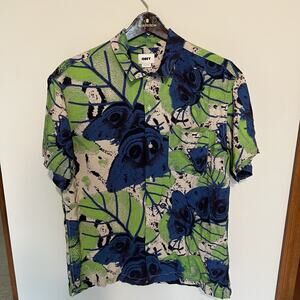 Obey Large Upshot Woven Short Sleeve Button Shirt Blue Green Abstract Hawaiian